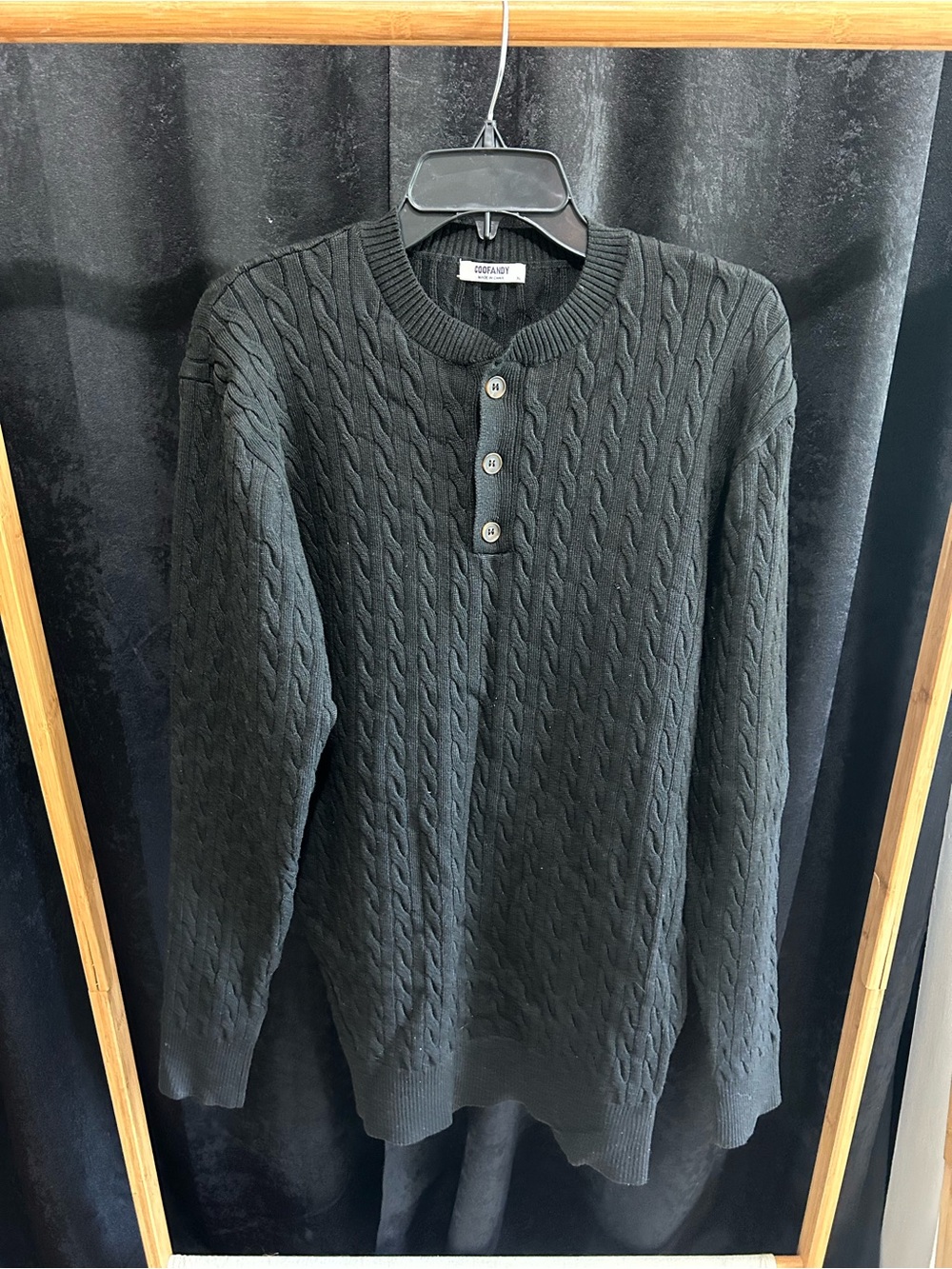 Cofandy Men's Black Cable-Knit Henley Sweater